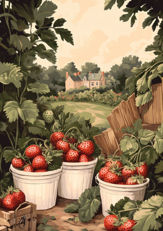 A vintage illustration of strawberries in white plastic pots and wooden buckets, surrounded by lush greenery with an English country house visible behind the scene. The color palette is soft pink against light brown. --ar 7:10 --v 6.1 Job ID: 9f2a869c-d620-4793-9280-0e885fe65446の素材