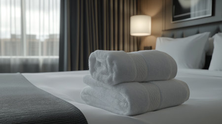 A luxurious hotel bed with plush white towels folded neatly on top, set against an elegant gray and cream color scheme in the room. The focus is sharp on one of these towels placed at its center point, creating a visually appealing composition that emphasizes comfort and luxury. This scene captures both visual appeal and photographic realism, making it suitable for various commercial purposes such as advertising or promotional materials. --chaos 30 --ar 16:9 --v 6.1 Job ID: e6d74873-a62e-497d-93cd-009b19ec5914の素材