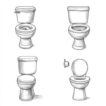 The same toilet, vector line drawing, simple lines, white background, flat design, black and thick outline style, 4 different poses. White solid color background, white space between objects. --v 6.1 Job ID: 28e3be47-a128-4171-9aa0-c354c1d50e3dの素材