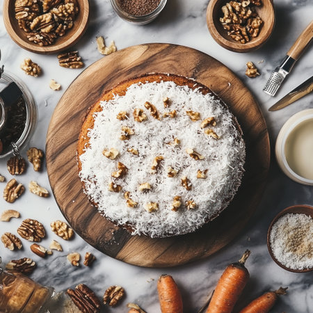 Carrot cake with coconut and walnuts on a wooden plate, surrounded by nuts and other ingredients. --v 6.1 Job ID: 3b91233d-be28-473c-b8bd-3bebac23110bの素材