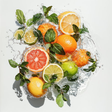 A photograph of citrus fruits and mint floating in water, with splashes around them. The colors include orange, lemon, lime, and teal on a white background, captured with natural light in a studio setting, shot on a Hasselblad H6D-400c Multi-Shot camera. --v 6.1 Job ID: 048c4781-fa54-40f0-b0ab-5a9aa5f39d78の素材