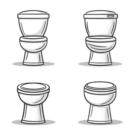The same toilet, vector line drawing, simple lines, white background, flat design, black and thick outline style, 4 different poses. White solid color background, white space between objects. --v 6.1 Job ID: 28e3be47-a128-4171-9aa0-c354c1d50e3dの素材