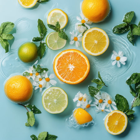An overhead shot of oranges, lemons, and limes floating in water with mint leaves and flowers. The orange is cut in half and surrounded by other citrus fruits. The background color should be light blue and white. The mood is fresh and delicious, and the scene looks like it was taken for an advertising campaign. The lighting needs to be bright and clear, with no shadows or reflections on any surface. The camera angle used would be from above at eye level. --v 6.1 Job ID: 0f58c256-af27-4dc4-be29-b3144ac75c9fの素材
