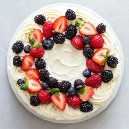 A top view of the cake with white frosting and fresh berries on it, against a white background. The fruit is arranged in an intricate pattern around one side of the cake, creating visual interest. There are no visible text or other elements except for the fruits and cream, emphasizing simplicity and elegance. --v 6.1 Job ID: 6d290083-8e5d-4adf-92cc-8a31485c5f32の素材