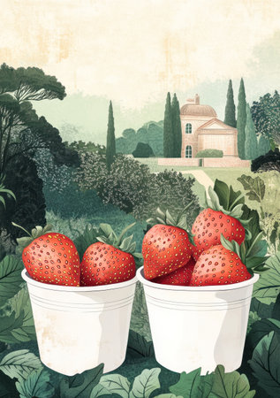 A vintage illustration of strawberries in two white buckets, set against the backdrop of an English garden with traditional architecture and greenery. The scene is rendered in soft pastel colors with intricate line details, creating a nostalgic atmosphere reminiscent of mid-20th-century illustrations. --ar 7:10 --v 6.1 Job ID: efff91b5-c8cd-4533-95ee-e0b65d8154a9の素材
