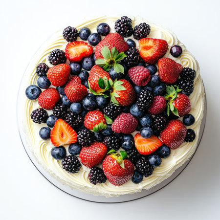 A large cake with white frosting and fresh berries on top, centered in the middle of an all-white background. The entire scene is captured from above, creating a full view that highlights both the texture of the cream cheese-like frosting as well as the vibrant colors of various fruits such as strawberries, blueberries, and blackberries, making it look delicious and visually appealing. This image has no shadows and uses soft lighting to highlight every detail of the beautiful dessert. --v 6.1 Job ID: be7409c9-379d-4fa7-810c-ea842b75f691の素材