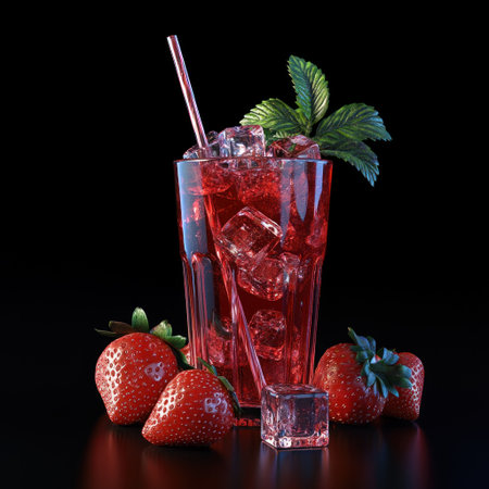 A glass of strawberry juice with ice cubes, a straw, and fresh strawberries on the side, set against a black background. The photo is taken from an angle that highlights the drink's vibrant red color. A mint leaf rests atop the glass for decoration. In front of the glass lie three plump, juicy strawberries. Photorealistic style, high resolution. --v 6.1 Job ID: 5050ee91-e1b6-4d1f-a5b6-fb1755edf6a2の素材