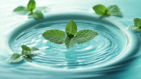 Light blue water ripples with mint leaves and a bowl in the middle. The background features nature photography, with a beautiful, high-resolution, hyper-realistic wallpaper design. --ar 53:30 --v 6.1 Job ID: c73bea00-df05-4ee3-9779-cddf4d93da99の素材