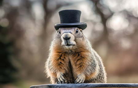 A groundhog wearing a top hat, standing on the edge of a table, looking at the camera. Funny animal photography. --ar 47:30 --v 6.1 Job ID: 361ea984-c494-496a-aa29-30472778f01dの素材