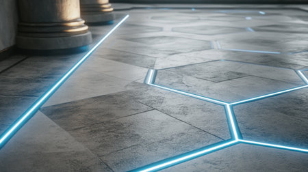 3D render of white and grey hexagonal tiles with blue glowing lines on the edges. --chaos 30 --ar 16:9 --v 6.1 Job ID: d4a9e6b1-9b2b-4630-96eb-92973d6d635cの素材
