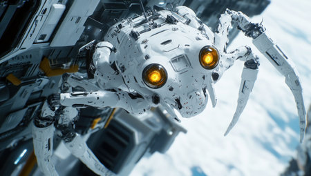 A white spider-like robot with yellow eyes, hanging from the side of a space station. The scene has a science fiction style, created using Unreal Engine 5. --ar 53:30 --v 6.1 Job ID: 8967958b-cfd7-4861-93ba-a1e176f4c0bfの素材