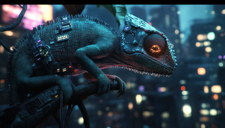 A chameleon with cybernetic enhancements, displaying an advanced robotic body and glowing eyes in the dark background of a futuristic cityscape. The scene is captured through high-definition photography, showcasing intricate details on both the chameleon's skin texture and its robotized structure. --ar 53:30 --v 6.1 Job ID: 8954b693-0e40-47ea-aa53-d78fbf4300ddの素材