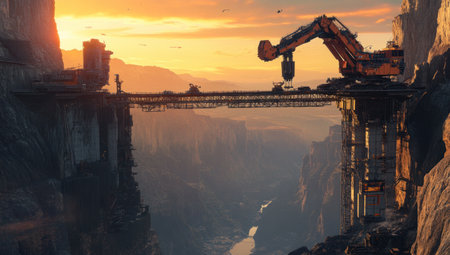 A large mechanical arm, atop an epic cliffside at sunset, is laying down steel beams across a chasm below, with futuristic robot arms and equipment in action, working to build bridges over deep canyons. The scene captures advanced construction technology amidst breathtaking natural beauty. Photorealistic, cinematic, vibrant colors, golden hour lighting. --ar 53:30 --v 6.1 Job ID: 83aa8988-40cc-4f86-9b11-20c60c230d29の素材