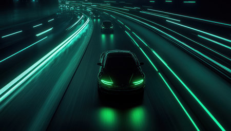 A car driving on the highway at night, illuminated by green light trails from its headlights, with other cars in motion blur, creating an atmosphere of speed and movement. The background is dark, highlighting the glowing lines that trail behind each vehicle, adding to the sense of urban traffic and industrial aesthetics. --ar 53:30 --v 6.1 Job ID: 60f1ac2f-ad57-4d45-94fc-3c071e45b704の素材