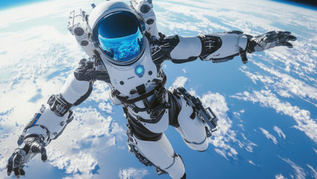 Photograph of an astronaut robot in space, wearing white and black armor with blue details on the helmet, floating above Earth as seen from above. The robot's arms are outstretched to its sides, holding silver tools in its hands, against a backdrop of a blue sky with clouds. The image is realistic, cinematic, and features natural lighting. --ar 53:30 --v 6.1 Job ID: 93f9553b-bbf5-4545-8b56-8cd05179eb46の素材