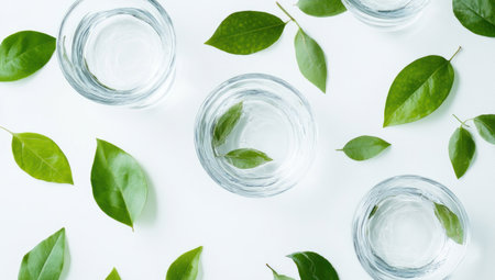 A top-down view of glass bowls filled with clear water, surrounded by green leaves on a white background, representing natural and organic skincare products. The focus is on the transparent water in each bowl, symbolizing purity and freshness. --ar 53:30 --v 6.1 Job ID: dd57a9a9-d386-4a54-a3c7-302afa75d2cfの素材