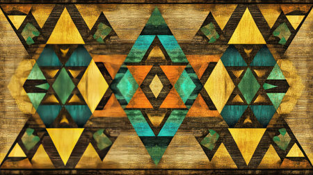 3D render of an abstract geometric pattern with triangles and stars, light gray background, brown wood texture in the center, green and blue colors on top. --chaos 30 --ar 16:9 --v 6.1 Job ID: 93faf9a5-89c6-494e-8437-4d03f28d946cの素材
