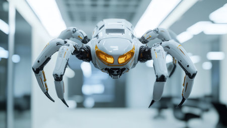 Cinematic shot of a white and gold futuristic spider-like robot flying in an office space, with white lighting and orange details, a bokeh effect, high-resolution photography, insanely detailed, fine detail, perfect lighting, hyper-realistic, in the style of Unreal Engine, stock photo, professional color grading. --ar 53:30 --v 6.1 Job ID: 1576bcb3-bc07-4b19-82ce-67216aa7ac57の素材