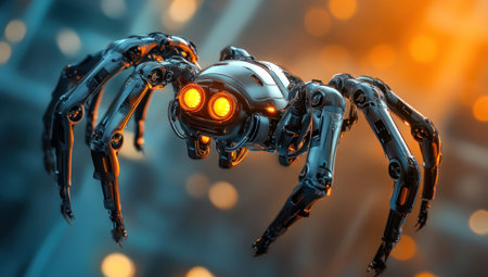 A futuristic robot spider with glowing eyes and mechanical legs, hovering in the air above an industrial facility. The scene is captured from a dynamic angle using cinematic lighting, creating depth of field and highlighting intricate details on its metallic body. --ar 53:30 --v 6.1 Job ID: 8c1ded52-8980-4023-9a57-4a7f20d5b0bdの素材