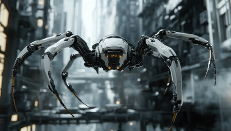 Cinematic shot of a futuristic mechanical spider, white and gold with black details, flying through the air in an industrial setting. The scene is lit by cinematic lighting that highlights its intricate design and metallic textures. In the style of hyper-realistic, captured using Sony CineAlta. --ar 53:30 --v 6.1 Job ID: c759d346-6f2b-44b1-abc8-a3113f6f096bの素材