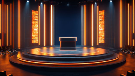 A game show set with lights and a podium, an empty stage with a large LED screen in the center. The background is dark blue, with three side panels of orange light on each wall to highlight one of them. There's an elegant round platform at its center for the host to sit or for sparkle effects. In front, there are several black chairs arranged around it as audience seats. A wide view showing the entire space. The style should be realistic and detailed, capturing every detail from the floor texture to the lighting effects. --ar 53:30 --v 6.1 Job ID: 7b568860-471f-4220-9393-bab3e2d96c50の素材