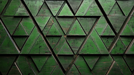 Dark green background with a triangular pattern, made of carved wood, the texture of the wall in relief, art deco style, symmetrical composition, high resolution, seamless, seamless wallpaper. --chaos 30 --ar 16:9 --v 6.1 Job ID: cd1a856a-c5fb-4cdf-a387-907429ddc122の素材