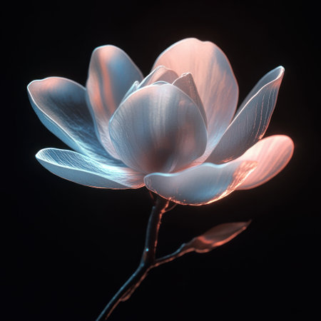A blooming magnolia flower with translucent petals, glowing in the dark, rendered using Octane and Cinema 4D rendering techniques, with an extremely realistic texture and close-up shot. The background is black, with a focus on light blue tones and light pink highlights. It has a blurred effect and a sense of depth. --v 6.1 Job ID: 410778de-835d-434d-8c8b-790fdb5919d2の素材