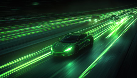 A car driving on the highway at night, illuminated by green light trails from its headlights, with other cars in motion blur, creating an atmosphere of speed and movement. The background is dark, highlighting the glowing lines that trail behind each vehicle, adding to the sense of urban traffic and industrial aesthetics. --ar 53:30 --v 6.1 Job ID: 60f1ac2f-ad57-4d45-94fc-3c071e45b704の素材