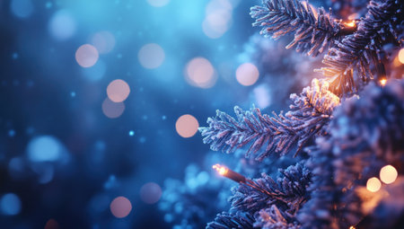 A blue Christmas background with bokeh lights and decorations, creating an enchanting atmosphere for holiday themes and design projects. This is an ultra-realistic photograph captured in high-resolution 8K. --ar 53:30 --v 6.1 Job ID: e6548d23-8e13-4ba0-896a-04b2dcddc272の素材