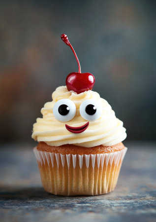 A cupcake with eyes, mouth, and a cherry on top, in the style of Pixar's cute cartoon characters, high-resolution, high-quality, highly detailed photography, with studio lighting and background. --ar 7:10 --v 6.1 Job ID: a10205cd-c6d0-4d62-ae54-83c1a01a2437の素材