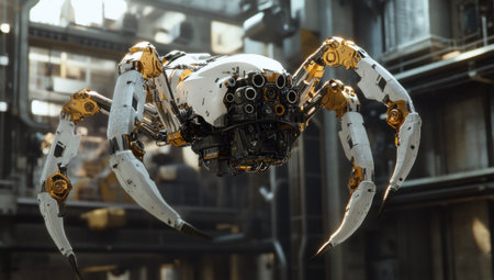 Cinematic shot of a futuristic mechanical spider, white and gold with black details, flying through the air in an industrial setting. The scene is lit by cinematic lighting that highlights its intricate design and metallic textures. In the style of hyper-realistic, captured using Sony CineAlta. --ar 53:30 --v 6.1 Job ID: c759d346-6f2b-44b1-abc8-a3113f6f096bの素材