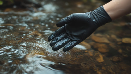 A person wearing black gloves holds their hand out to the water, with clear and clean river water flowing through it. The background is an outdoor scene of forest streams, with shallow ripples on the surface of the stream. In close-up shots, there is a sense of freshness in the photograph. --ar 53:30 --v 6.1 Job ID: 093cee90-722f-4971-959b-0fde54be348aの素材