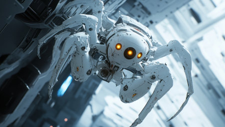 A white spider-like robot with yellow eyes, hanging from the side of a space station. The scene has a science fiction style, created using Unreal Engine 5. --ar 53:30 --v 6.1 Job ID: 8967958b-cfd7-4861-93ba-a1e176f4c0bfの素材
