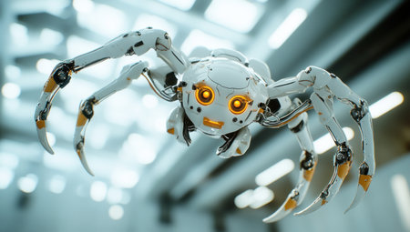 Cinematic shot of a white and gold futuristic spider-like robot flying in an office space, with white lighting and orange details, a bokeh effect, high-resolution photography, insanely detailed, fine detail, perfect lighting, hyper-realistic, in the style of Unreal Engine, stock photo, professional color grading. --ar 53:30 --v 6.1 Job ID: 1576bcb3-bc07-4b19-82ce-67216aa7ac57の素材