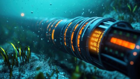 A close-up of an underwater cable with data flowing through it, representing the future's internet in oceanic communication. This is a realistic, high-resolution photograph. --ar 53:30 --v 6.1 Job ID: 1999d877-c7d4-4e1e-9799-11ad8e9f4846の素材