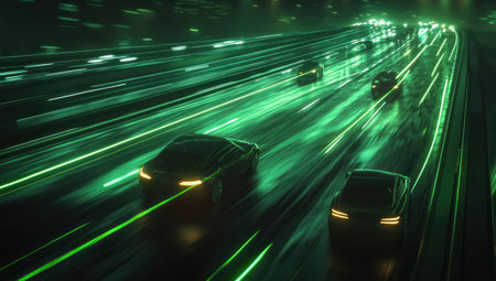 A car driving on the highway at night, illuminated by green light trails from its headlights, with other cars in motion blur, creating an atmosphere of speed and movement. The background is dark, highlighting the glowing lines that trail behind each vehicle, adding to the sense of urban traffic and industrial aesthetics. --ar 53:30 --v 6.1 Job ID: 60f1ac2f-ad57-4d45-94fc-3c071e45b704の素材