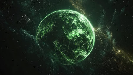 Abstract background of the universe with stars and a glowing green planet Earth in space. --ar 53:30 --v 6.1 Job ID: f8879849-9a18-4c99-a15b-49ccc9826607の素材