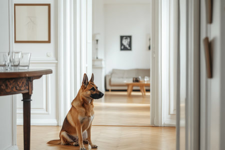 A dog sitting on the floor in a Scandinavian-style interior design of an apartment with white walls, parquet flooring, and wooden furniture, minimalist decor, and a table with glasses on it. A view through open doors to another room with a sofa and art objects. --ar 3:2 --v 6.1 Job ID: 34d01f29-9a17-4676-b37c-a7d18d218146の素材