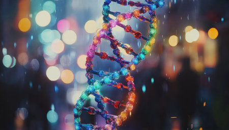 A double helix of DNA glowing with vibrant colors, surrounded by bokeh lights and a soft-focus background. --ar 53:30 --v 6.1 Job ID: 461ff111-f589-4cef-8c81-3c673879bde8の素材