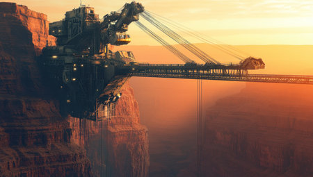 A futuristic, massive excavator with a long arm and laser eyes stands on the edge of the Grand Canyon at sunrise. The machine is equipped with multiple giant robotic arms holding steel cables and large blade tools. A wide bridge extends from left to right, crossing between two canyons in an orange gradient sky. Realistic photo. --ar 53:30 --v 6.1 Job ID: 4a0c3d73-ffbb-45d6-bc18-03cb33e68e59の素材