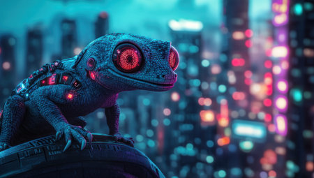 A cyberpunk gecko with glowing eyes and robotic body parts, set against a futuristic city in the background, with a bokeh effect. Captured using a Sony Alpha A7 III camera and ARRIFLEX lenses, in the style of a cyberpunk aesthetic. --ar 53:30 --v 6.1 Job ID: 00c56799-60b1-4d41-bf53-80f10654bc43の素材