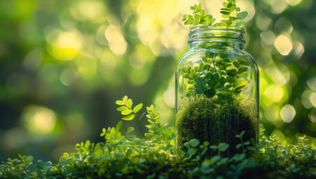 A glass bottle filled with water and moss, creating an eco-friendly setting for green plants to grow in the natural background. The photo is taken from above, focusing on the detailed texture of the vegetation inside the jar. Soft natural light illuminates the scene, highlighting the lush greens against the blurred backdrop of the forest scenery. This photograph conveys harmony between human activity, like using plastic bottles, and ecology, such as rewilding the environment through plant growth. --ar 53:30 --v 6.1 Job ID: 63ee5afb-f4f3-466b-ac57-959435988ab6の素材