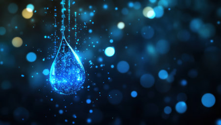 A blue, glowing water drop is suspended in the air, connected to various data points and lines representing the flow of digital information. The background is dark, with blurred lights creating an atmosphere of technology and innovation. --ar 53:30 --v 6.1 Job ID: c453f74a-477a-47e2-b70e-954a2d3c2268の素材