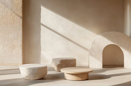 A minimalist product display podium with geometric shapes and soft lighting, set against an off-white background. The composition includes three round stone pedestal stands arranged in the foreground, with one large flat rock on top of each stand. A half-arch-shaped wooden structure is placed on the right side, adding depth to the scene. Sunlight filters through a window, casting gentle shadows across the surfaces, creating a serene atmosphere for commercial advertising or presentation use. --ar 23:15 --v 6.1 Job ID: a62781a4-3cad-452c-ae4d-fcb15f66783dの素材