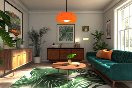 A mid-century modern style home interior with retro decor, including a teal velvet sofa and an orange pendant light hanging from the ceiling above wooden dressers on one side of the room, a green palm leaf pattern rug in front of a cabinet, white walls, warm lighting, plants, and simple art decoration, with a photorealistic appearance. --ar 3:2 --v 6.1 Job ID: 78c00543-5ca9-41b7-afa4-e7a56c079ca1の素材