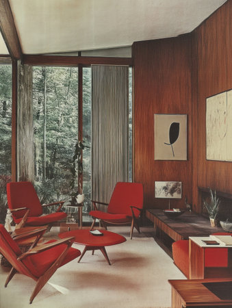 A mid-century modern living room, with wood and red furniture, interior design magazine photograph. --ar 3:4 --v 6.1 Job ID: 25af473f-cec2-4466-8351-c8bf1c3f672fの素材