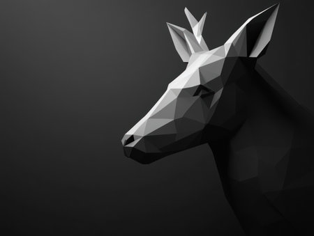 Low-poly black background, side profile of an animal head, black and white, 3D render, minimalism, dark. --ar 4:3 --v 6.1 Job ID: 686af441-0d16-4a1e-a46e-16d28b3c1b15の素材