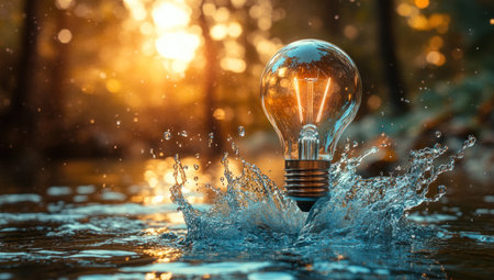 A light bulb submerged in water, creating splashes against a forest background. Photorealistic, high-resolution photography. --ar 53:30 --v 6.1 Job ID: 494e4c83-5c0f-47c0-8b5e-94bf0f89cfedの素材