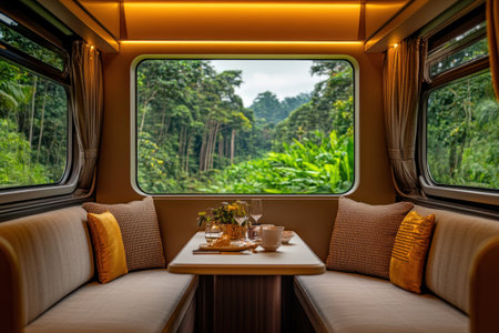 A luxurious train car interior with plush seating, an elegant table setting, and panoramic windows overlooking lush greenery outside. The space is adorned in gold hues to create an opulent atmosphere. A small white coffee table sits between the sofas, adding warmth to the scene. Soft lighting illuminates the room, highlighting its sophisticated design. This high-end travel experience captures attention as it glides through picturesque landscapes. --ar 3:2 --v 6.1 Job ID: 71b2b187-c999-4fdc-b628-453f9954a95eの素材