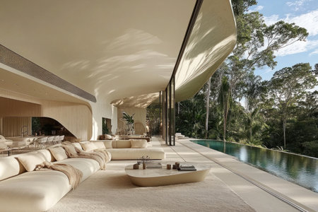 A modern home interior, the living room features large windows and glass walls that offer a view of the pool in an Australian forest-style house designed in the style of Zaha Hadid. The space is filled with natural light, and the decor includes cream-colored sofas and a beige rug. The tropical setting outside is lush with greenery and trees. --ar 3:2 --v 6.1 Job ID: f40fdb9f-28a3-4cc7-b081-d3f1e2127d40の素材